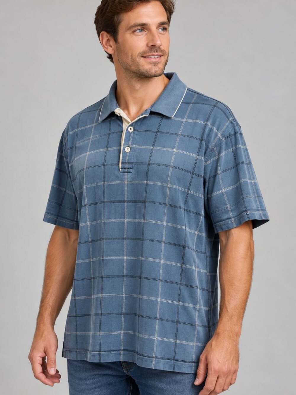 Chaps Golf XL Blue Plaid Polo Shirt Mercerized Cotton Preppy Golfcore Classic